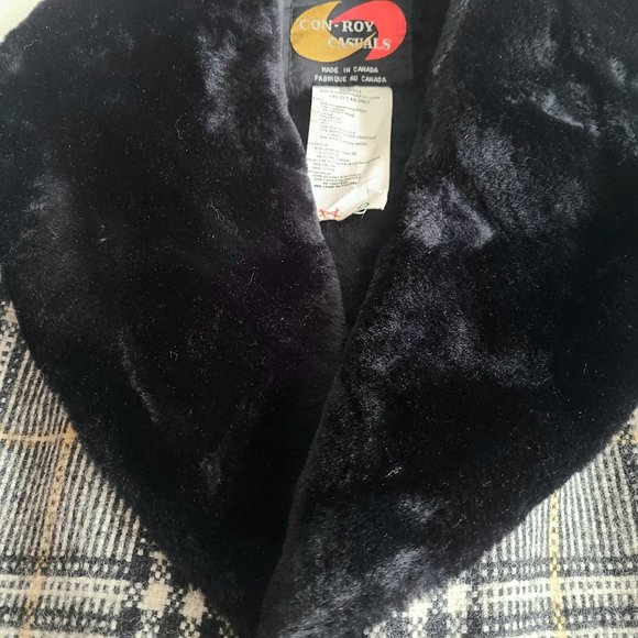 Vintage 50s 60s Con-Roy Casuals gray plaid wool man coat black faux fur collar. - Picture 7 of 12